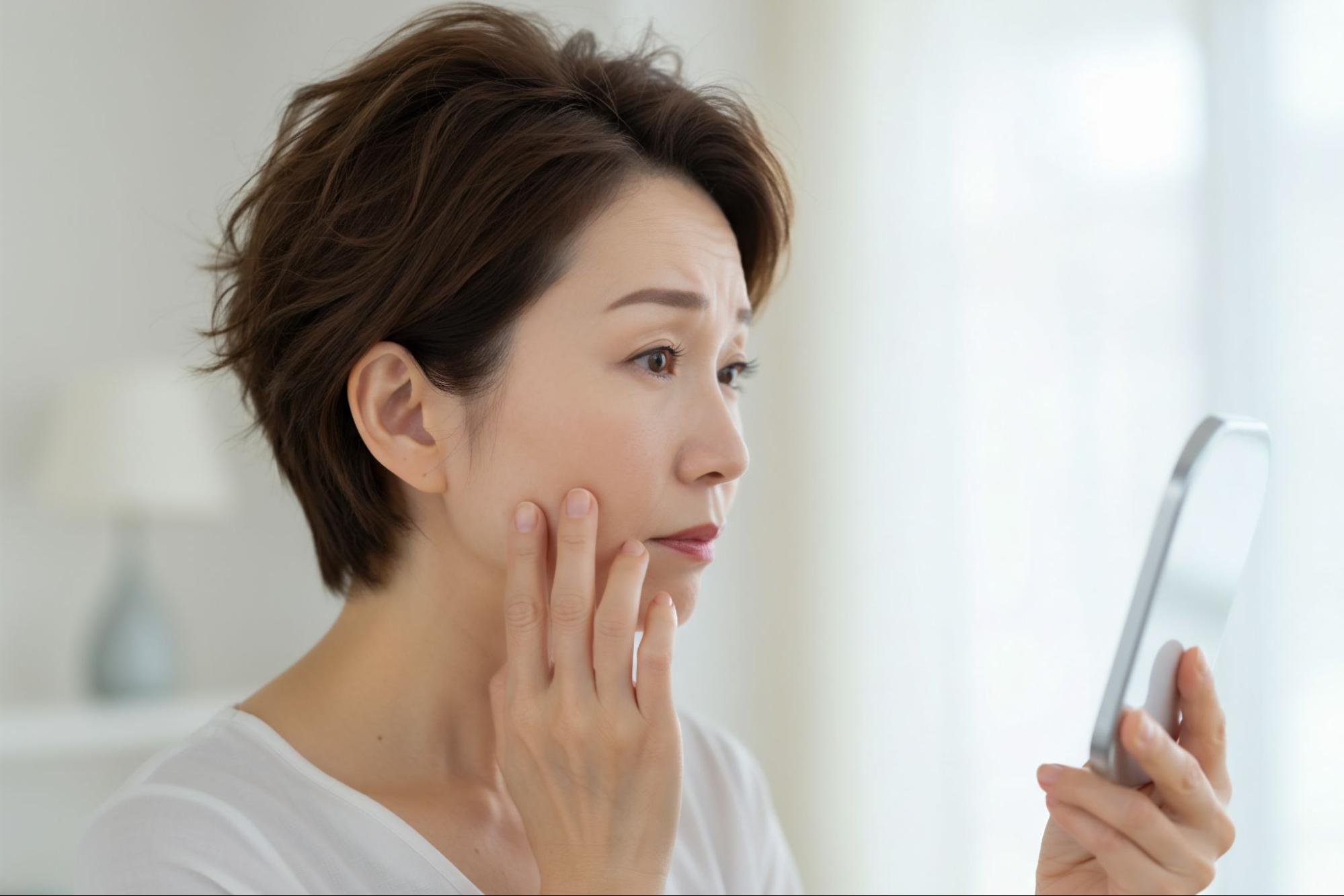 たるみを気にして鏡を見る40代女性