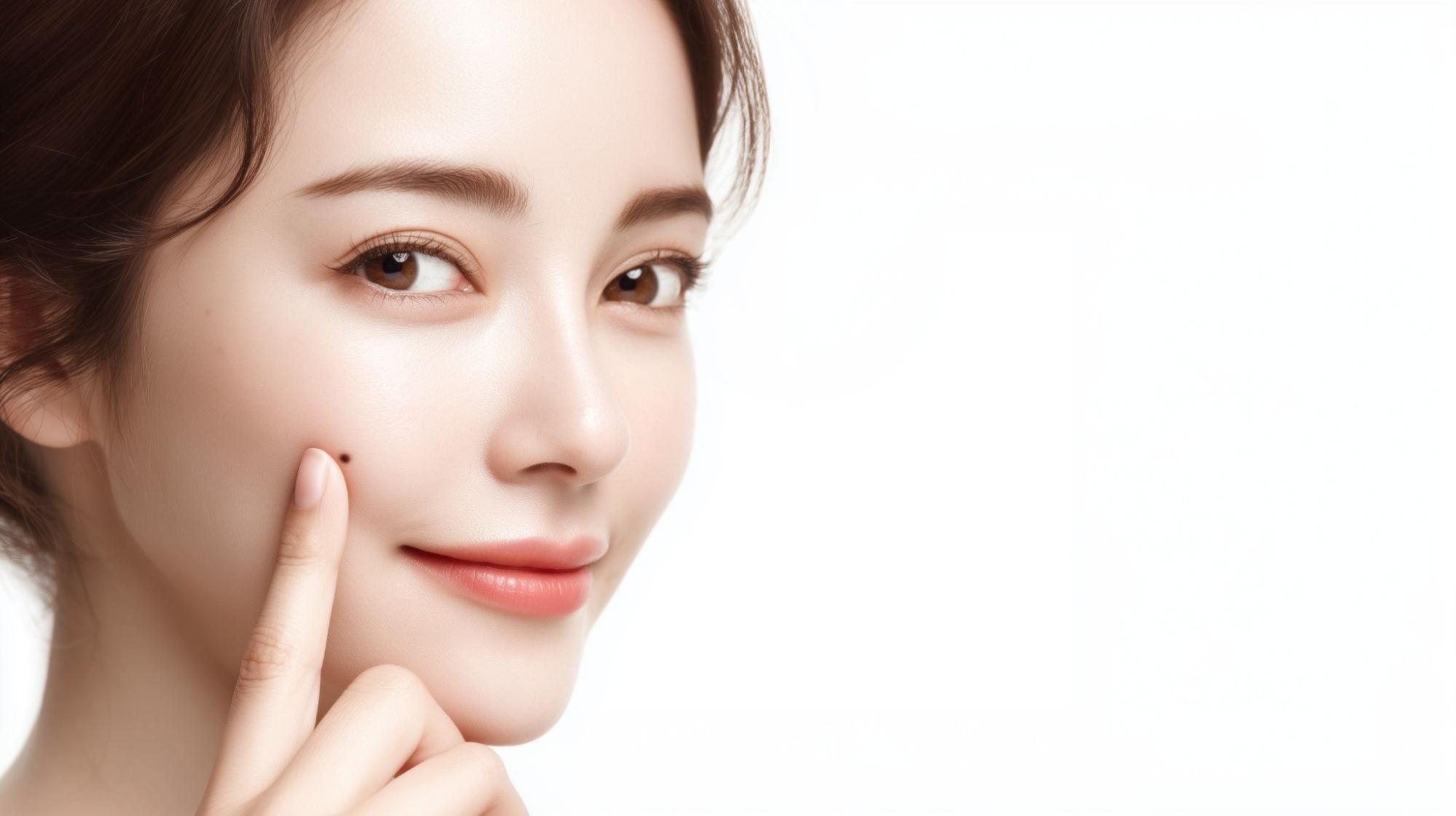 頬を指さす女性